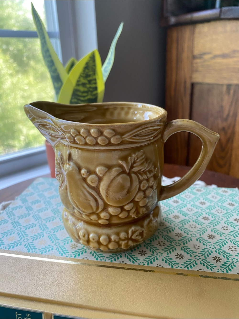 Vintage Japan Ceramic Fruit Relief Pitcher - Tan EUC
